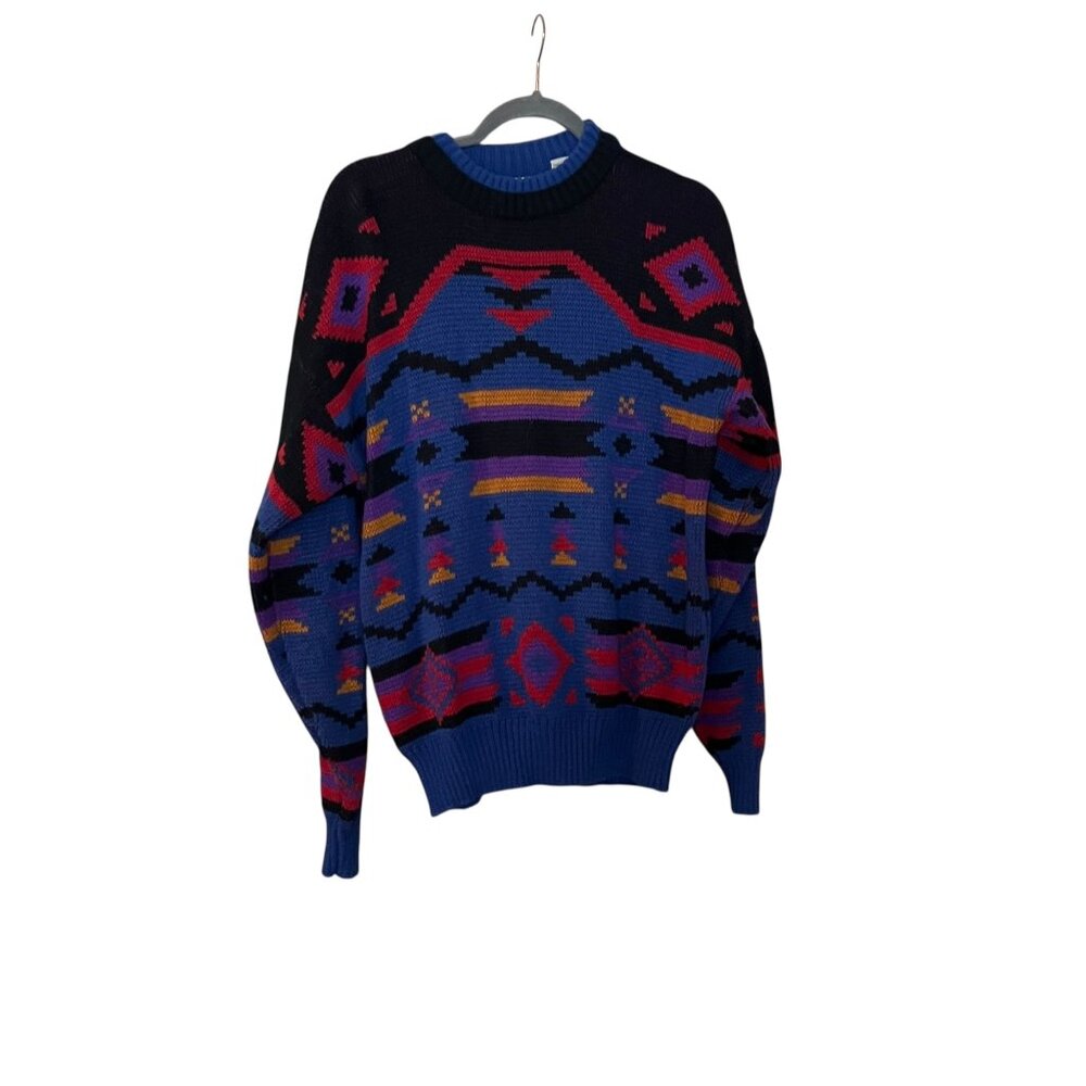 Vintage Aztec Retro Acrylic Bugle Boy Co Crewneck Sweater Cosby Grandpa Size Lg - Picture 2 of 4